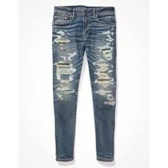 American Eagle Men's 30x30 Airflex Jeans Stretch Slim Slashed Distressed Grunge - Picture 5 of 12